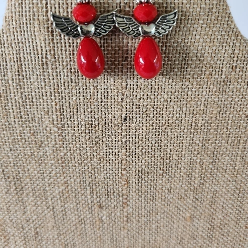 Hand Crafted Angel Earrings Red Silver Pierced Ears